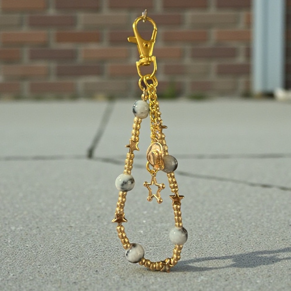 Gold + Gray Glass Beaded Keychain - Lone Star